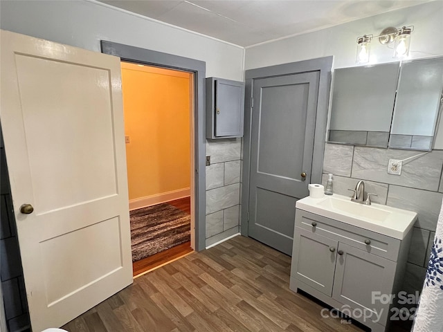 bathroom with decorative backsplash, vanity, and wood finished floors