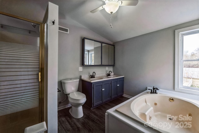 3607 Austin Rd, Monroe, NC 28112 - full bath featuring a sink, visible vents, ceiling fan, and vaulted ceiling