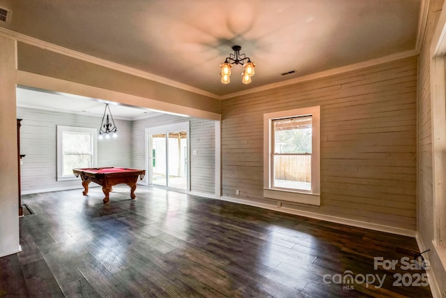 3607 Austin Rd, Monroe, NC 28112 - game room featuring an inviting chandelier, billiards, dark wood-style floors, and ornamental molding