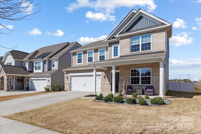 craftsman inspired home with an attached garage, covered porch, concrete driveway, board and batten siding, and brick siding