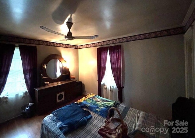 bedroom with wood finished floors and a ceiling fan