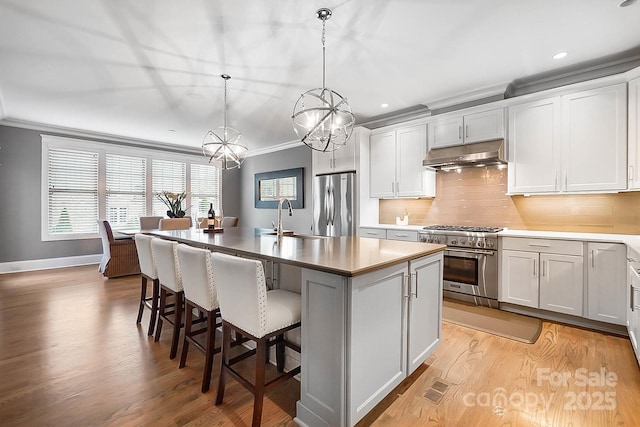 kitchen featuring an island with sink, under cabinet range hood, a sink, appliances with stainless steel finishes, and crown molding