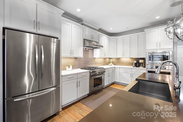 kitchen featuring stainless steel appliances, decorative backsplash, light wood-style floors, under cabinet range hood, and white cabinetry