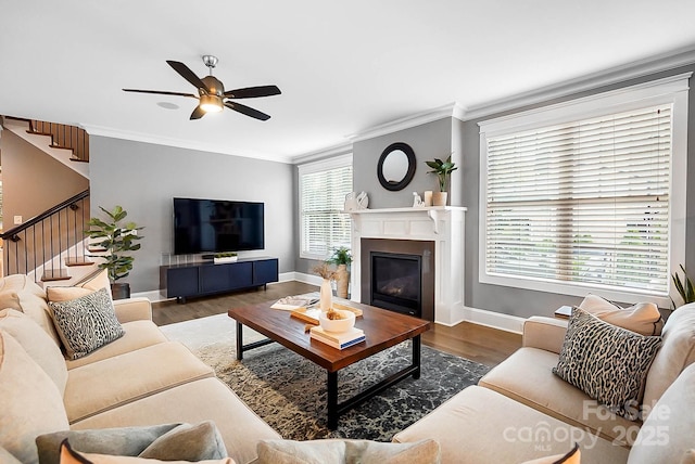 living area featuring wood finished floors, ceiling fan, stairs, ornamental molding, and a glass covered fireplace