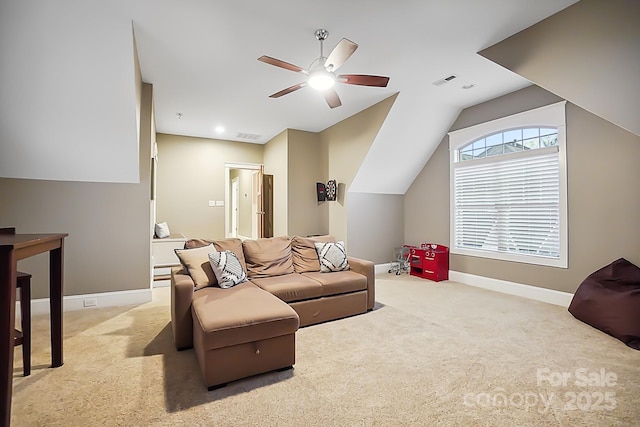 living room featuring a ceiling fan, baseboards, carpet floors, visible vents, and vaulted ceiling