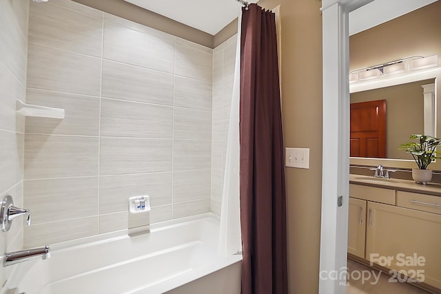 bathroom featuring vanity and shower / bathtub combination with curtain