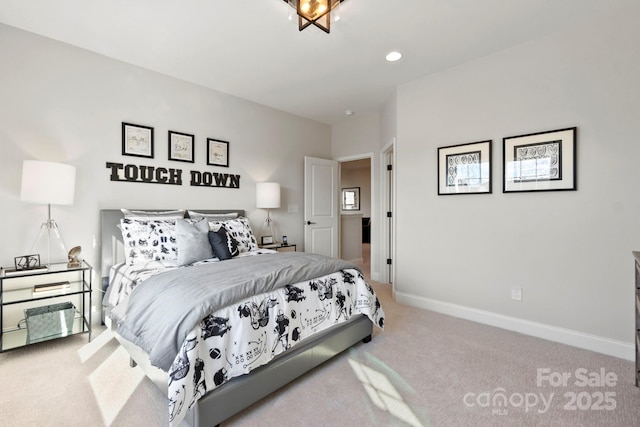 bedroom featuring recessed lighting, baseboards, and carpet flooring