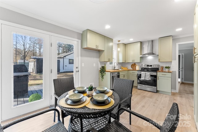 kitchen with dishwashing machine, stainless steel range with electric stovetop, wood counters, wall chimney exhaust hood, and tasteful backsplash