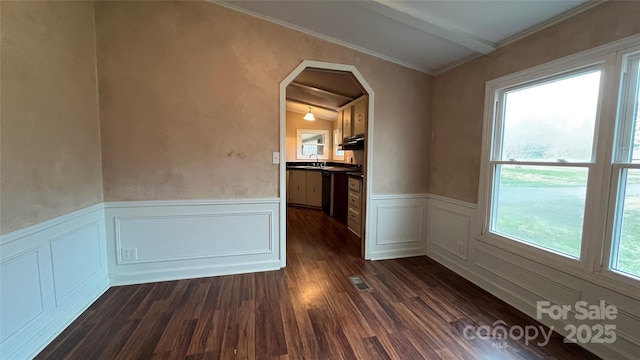 unfurnished room featuring dark wood-style floors, wainscoting, and a sink