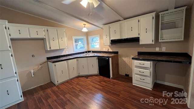 kitchen with a sink, black dishwasher, dark wood finished floors, white cabinetry, and vaulted ceiling