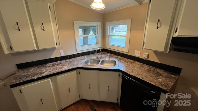 kitchen with white cabinetry, black dishwasher, and a sink