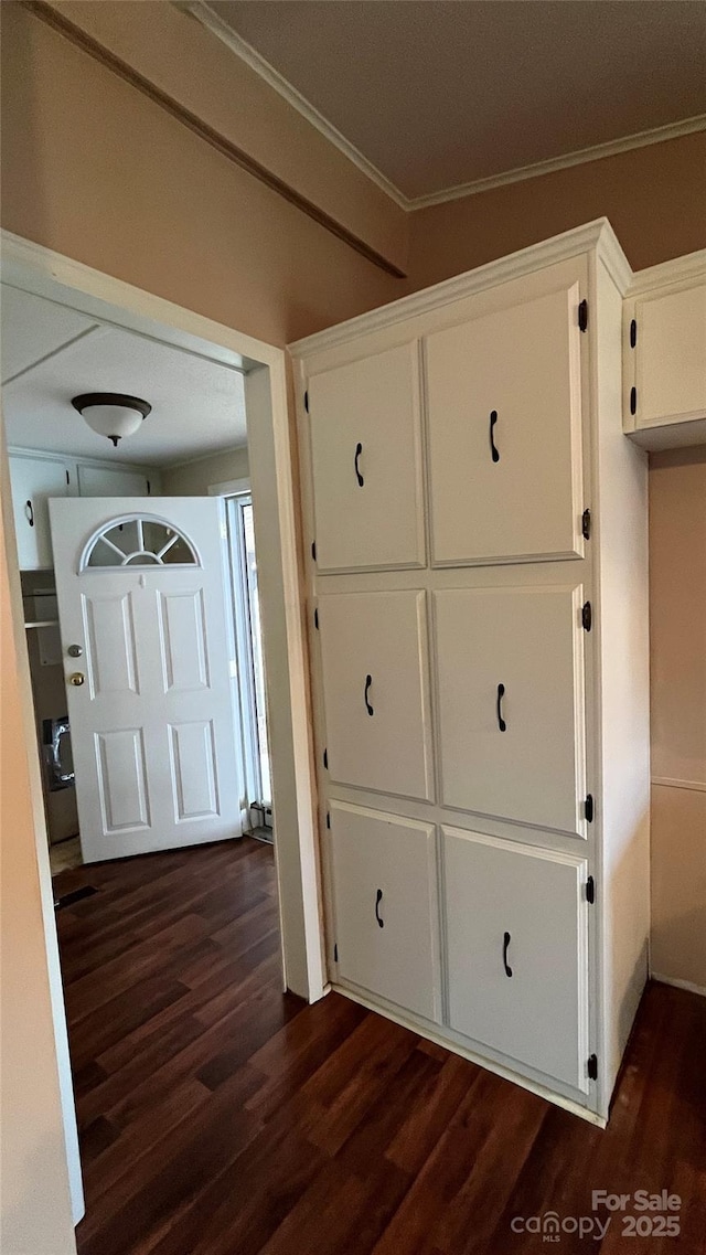 corridor with crown molding and dark wood-style floors