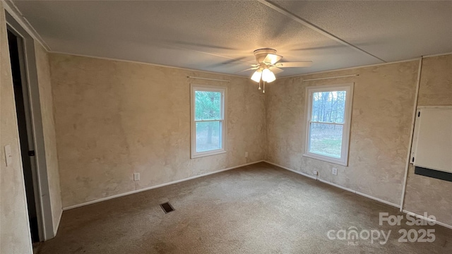 unfurnished bedroom featuring visible vents, multiple windows, a textured ceiling, and carpet