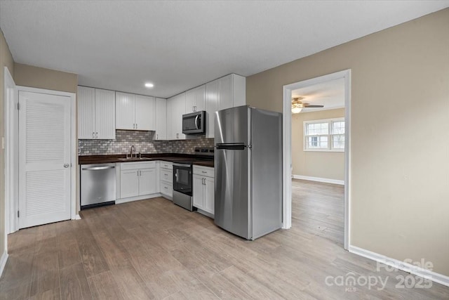 kitchen with a sink, dark countertops, appliances with stainless steel finishes, white cabinets, and decorative backsplash