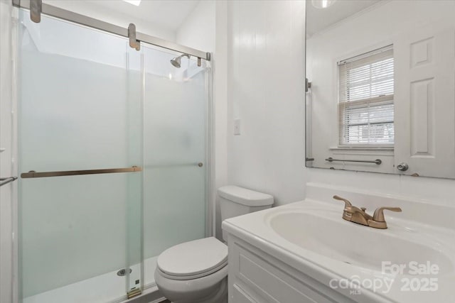 bathroom with vanity, toilet, and a stall shower