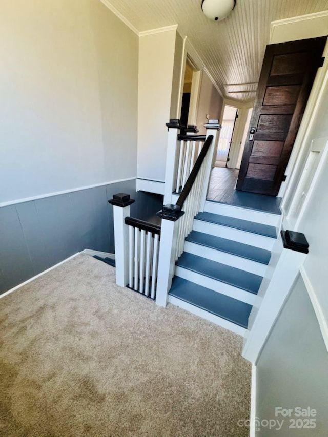 149 Crescent Dr, Chesterfield, SC 29709 - staircase with a wainscoted wall, carpet floors, and ornamental molding