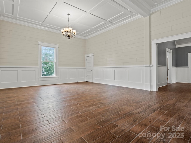 149 Crescent Dr, Chesterfield, SC 29709 - unfurnished room with coffered ceiling, ornamental molding, dark wood-style floors, a decorative wall, and a notable chandelier