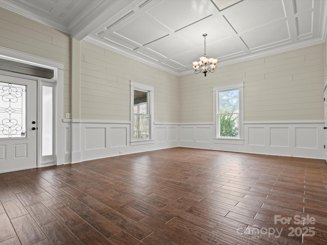 149 Crescent Dr, Chesterfield, SC 29709 - interior space featuring coffered ceiling, dark wood-style flooring, a decorative wall, and an inviting chandelier