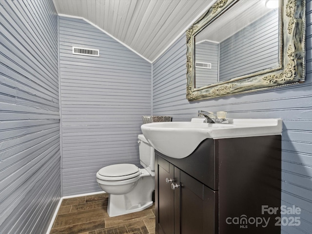 149 Crescent Dr, Chesterfield, SC 29709 - half bathroom featuring toilet, vanity, vaulted ceiling, and wood tiled floor