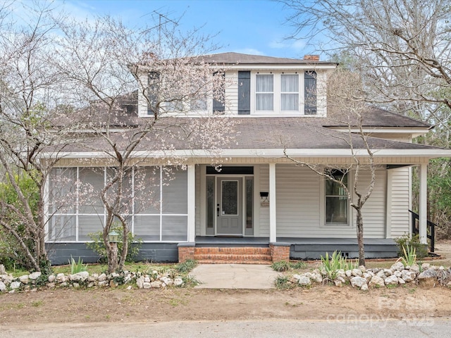 149 Crescent Dr, Chesterfield, SC 29709 - view of front of home with a chimney, a shingled roof, and covered porch