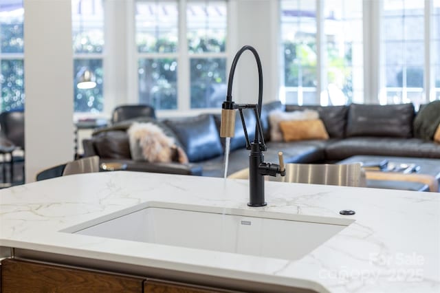 details with a sink, light stone counters, and white cabinets