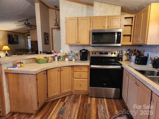 kitchen featuring appliances with stainless steel finishes, a peninsula, dark wood-type flooring, and lofted ceiling