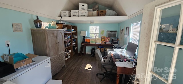 office area with lofted ceiling, dark wood-style floors, and a wall mounted AC