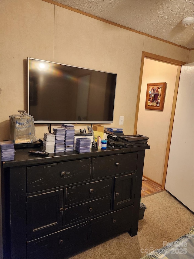 details with ornamental molding, a textured ceiling, and carpet floors