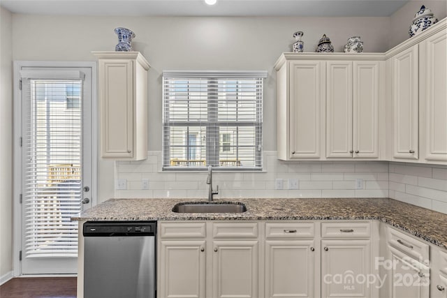 kitchen featuring a sink, backsplash, dishwasher, and white cabinets