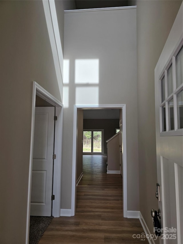 hall featuring baseboards, dark wood-type flooring, and a high ceiling