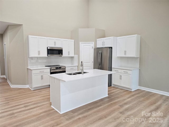 kitchen featuring light wood-style flooring, a sink, tasteful backsplash, appliances with stainless steel finishes, and white cabinets