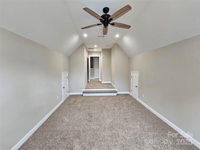 bonus room featuring a ceiling fan, carpet, baseboards, lofted ceiling, and recessed lighting