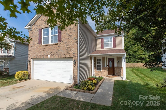 traditional home featuring a garage, driveway, brick siding, and a front lawn