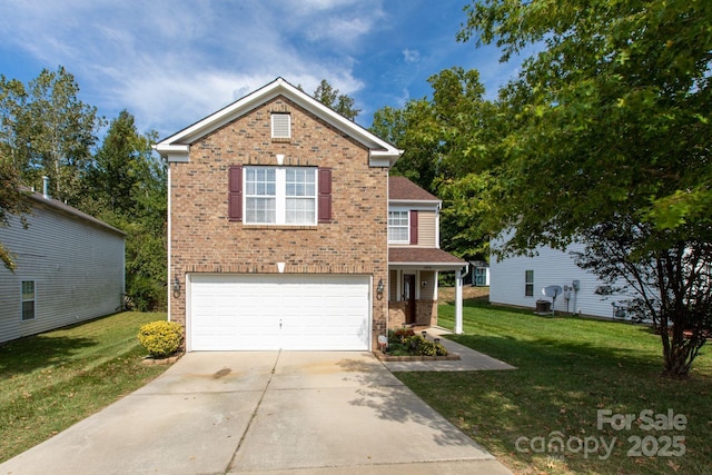 traditional-style house with a garage, a front yard, concrete driveway, and brick siding