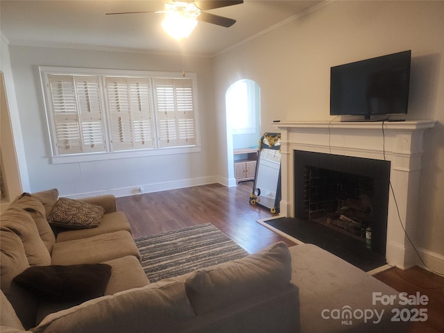 living area featuring crown molding, baseboards, ceiling fan, a fireplace with flush hearth, and wood finished floors