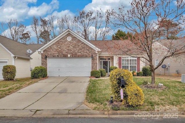 ranch-style home featuring brick siding, concrete driveway, a garage, and a front yard