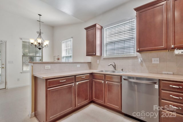 kitchen with a peninsula, a sink, decorative backsplash, light countertops, and stainless steel dishwasher