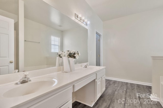 bathroom with a sink, baseboards, wood finished floors, and double vanity