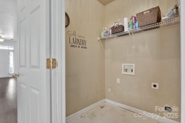 washroom with laundry area, hookup for a washing machine, baseboards, and hookup for an electric dryer