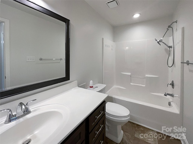 full bath with vanity, visible vents, recessed lighting, tub / shower combination, and toilet