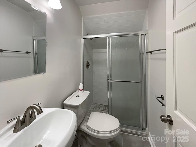 bathroom with toilet, a stall shower, and a sink