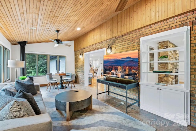 living area featuring brick wall, wood ceiling, ceiling fan, and vaulted ceiling