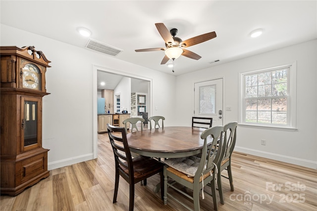 dining room with visible vents, light wood-type flooring, and ceiling fan