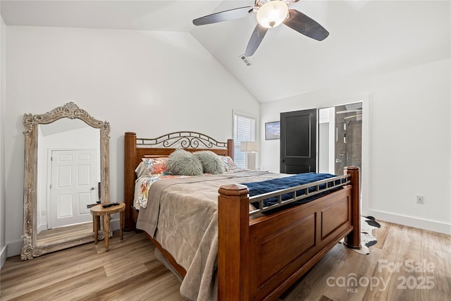 bedroom featuring visible vents, baseboards, ceiling fan, lofted ceiling, and light wood-style flooring