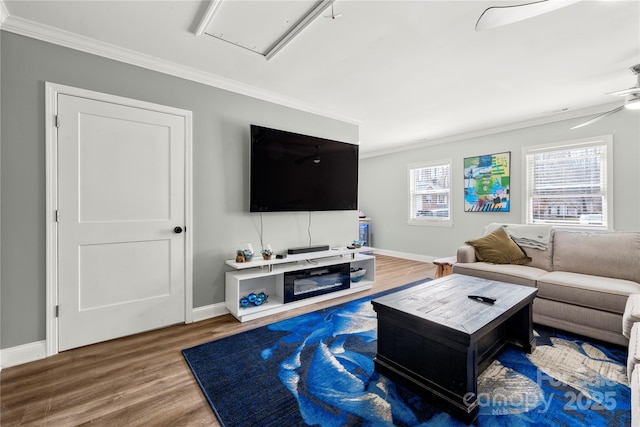 living room featuring baseboards, attic access, wood finished floors, and crown molding