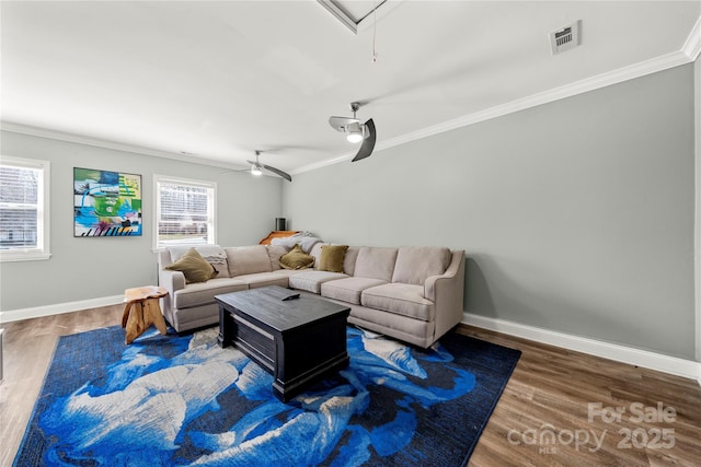 living area with attic access, wood finished floors, baseboards, and ornamental molding