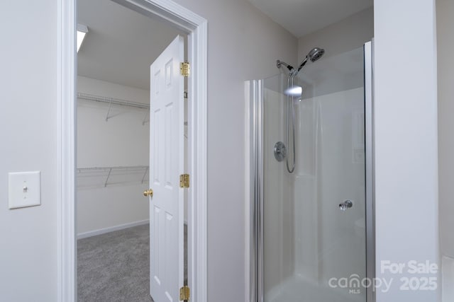 bathroom featuring a walk in closet and a shower stall