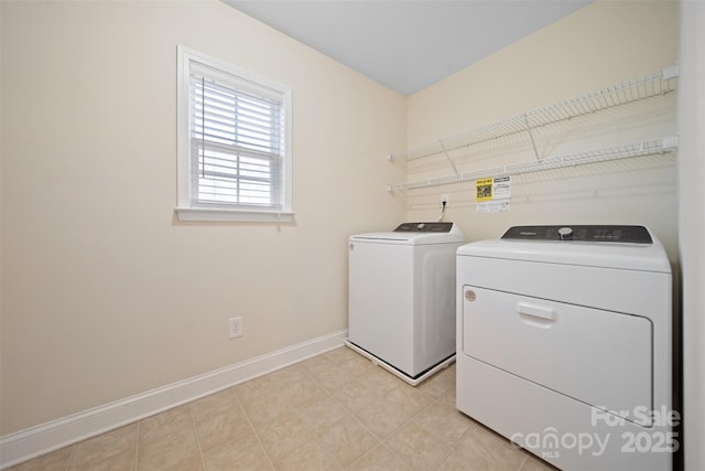 laundry room with laundry area, independent washer and dryer, and baseboards