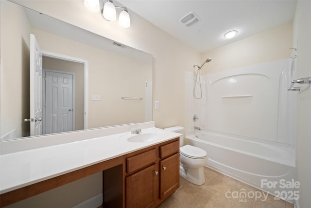 full bathroom featuring bathtub / shower combination, toilet, vanity, and visible vents