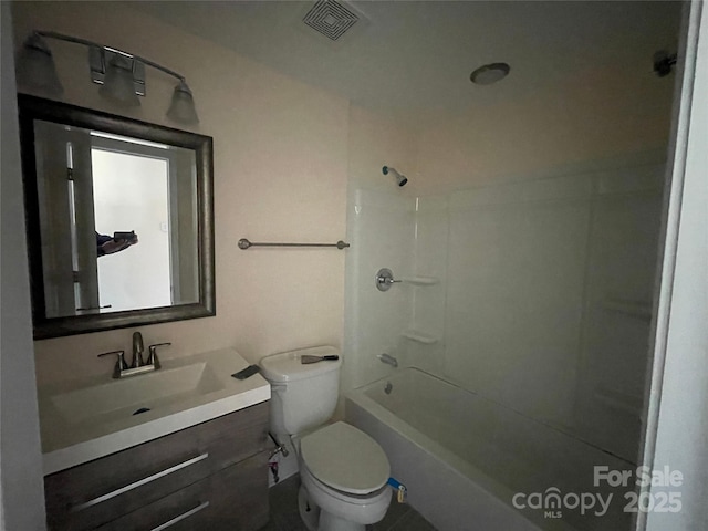 full bath with tub / shower combination, visible vents, toilet, and vanity